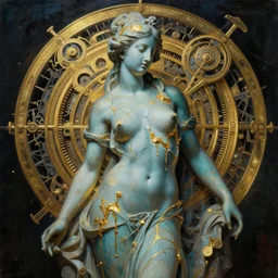 art by camille corot, zeng fanzhi, teal chinese abstract shattered statue of beautiful female body and golden glue dripping acrylic portrait, volumetric light, highly detailed ornaments, mechanical superstructure, sacred geometry, glowing edges, sad, hurt, beautiful light, statue of carving marble, intricate 8 k render, dark mood, cinematic light, golden spirals, clockwork