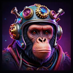 poster art of a realistic ape head with a steampunk space helmet with multicolored glowing gears and tubes and cables, crisp, trippy, fluorescent colors, insanely detailed, 3 d render, front shot, 3 5 mm