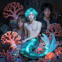 harmony of neon glowing coral, ( cyan hair mermaid yoongi portrait ) by wlop, james jean, victo ngai, muted colors, highly detailed, fantasy art by craig mullins, thomas kinkade,