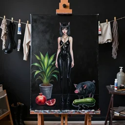 painting of a black painted canvas, on an easel in a dark artist's studio with black walls, tall emo catgirl, wet black clothes, hemp rope, bromeliad, paint tubes, clothes hanging on a clothesline to dry, 6 black boots, pomegranate, a black pig, courgette, black octopus, sensual, acrylic and oilstick on canvas