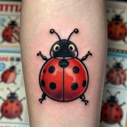 extremely cute ladybug cartoon, 6 0 s style tattoo, magazine photo, symmetrical, beautiful, 4 k,