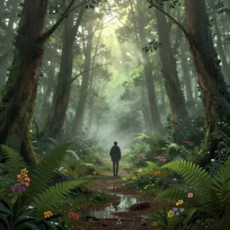 a secret place in the forest, beautiful, atmosphere, vibe, mist, rain, wet, puddles, fern, flowers, concept art illustration, color page, tone mapping, akihiko yoshida, james jean, andrei riabovitchev, marc simonetti, yoshitaka amano, digital illustration, greg rutowski, volumetric lighting, sunbeams, particles