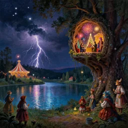 a night carnival around a magical in a summer storm, tree cavity with a music scenario with many fireworks and christmas lights, next to a lake with iridiscent lake water, volumetric lightning, folklore people disguised with fantastic creatures in a magical forest by summer night, masterpiece painted by thomas cole, scene by dark night environment, refraction lights, five star stories
