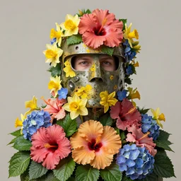 a beautiful fine art portrait photo of a nuclear warhed covered by hibiscus, daffodils, hydrangea, montsera leaves by tom bagshaw and zach sutton, very detailed, artstation, 8 k