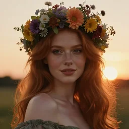 fine art photo of a beauty model, she is redhead, she is posing while maintain a sweet eye contact to the camera, she has a crown of flowers and she has flowers around her, the photo was taken at sunset ; you can see a bokeh effect behind the model, the photo was taken by annie leibovitz, photorealistic, matte painting, hyper realistic, concept art, 4 k, 8 k, cinematic composition, cgsociety, hd, highly detailed, octane render, unreal engine 5, trending on artstation, shaders