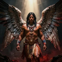 a south american indigenous warrior with angelic wings, by tsuyoshi nagano, by greg rutkowski, dramatic lighting, blood, god rays, angelical, symmetrical, intricate, detailed, cinematic, masterpiece, extreme details, ray tracing