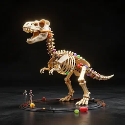 Simple funny mechanic organic dinosaur skeleton sculpture made from rollercoaster, cables, wires and tubes, by david lachapelle, by angus mckie, by rhads, in a dark empty black studio hollow, c4d, at night, rimlight, rimight, rimlight, colorfull jellybeans organs