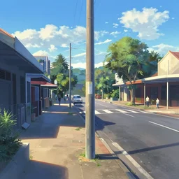 a street with a telephone pole in the middle of it, a digital rendering by makoto shinkai, instagram, australian tonalism, hdr, streetscape, high dynamic range
