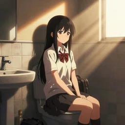 school girl sitting in the school bathroom - dramatic cozy poster by wlop and okuda genso. featured on pixiv, anime aesthetic. pixiv, warm aesthetic, rays of light, volumetric light, artstation, vanitas, official art, gothic, noise film photo. octane render, redshift render, ue 4