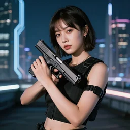 photographic portrait of a techwear woman holding a Glock 18, closeup, on the rooftop of a futuristic city at night, sigma 85mm f/1.4, 4k, depth of field, high resolution, full color, two coherent arms
