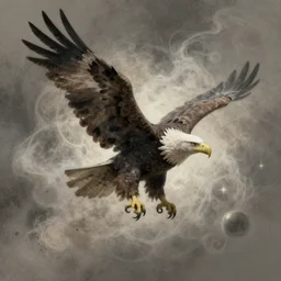 a shapeless bald eagle made of space and time, weaving dust of predetermination and a state of utter confusion across the universe, muted colors, fantasy illustration, digital art