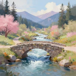 Peace valley landscape wonderland road stone brige river fall pastel beauty Digital painting artstation by Krzysztof Maziarz