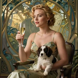 cinematic lighting. blonde scarlett johansson with glass of champagne in her hand and a spaniel puppy on her lap. art nouveau. art by mucha