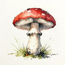 mushroom. loose drawing by jean - baptiste monge water color on white paper watercolor sketch mushroom hard edges, pencil lines, drips, runs, spatter, details. red chrome. jean - baptiste monge!!!!!