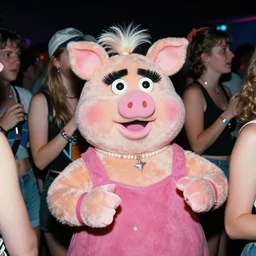 Miss Piggy at a rave in Manchester, surrounded by ravers, 1994, 35mm flash photography