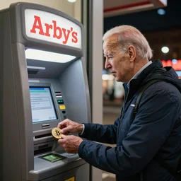 joe biden buying bitcoin at an atm, in front of an arby's, on a cold winter night