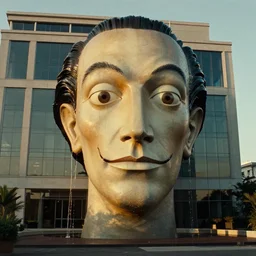 the  strange giant head at the office building, made of oil and water, film still from the movie directed by Denis Villeneuve with art direction by Salvador Dalí, golden hour