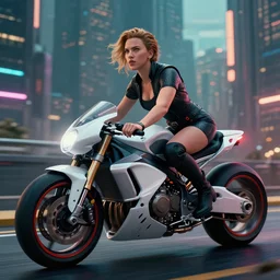 scarlett johansson riding a futuristic motorbike in cyberpunk city, realistic, cinematic, hdr