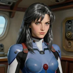 intense demeanor. close portrait. ship interior bg. screenshot of a scene in metroid zero of pretty beautiful woman painted by norman rockwell. character designed by hideaki anno. bodysuit. lustrous graphite hair. digital. lighting by james gurney. trending on artstation. masterpiece. artgerm mucha rutkowski.