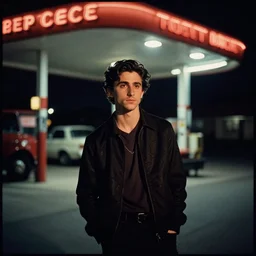 timothee chalamet at a truck stop, ominous lighting, by richard avedon, tri - x pan stock