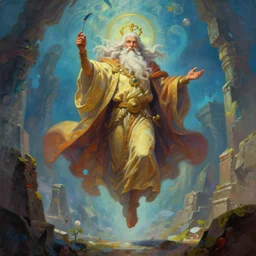 elder pagan god floating above mysterious ancient ruins, painted by peter mohrbacher and marc simonetti, trending on artstation, character portrait, character concept art, dynamic lighting, wallpaper art, beautiful painting, mystical figure, 8 0 mm lens, vibrant colors, matte painting