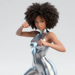 light skinned woman with afro, anime, with design sense of electroplating material, fighting pose in short silver and blue space dress, cyber punk, realistic, lighting effects, particles, octanerender