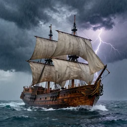 A large, very old, wooden ship sailing across the ocean in the middle of a huge rain storm, with lots of dark clouds and lightning, very realistic.