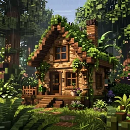 cottagecore rainforest cabin, in Minecraft