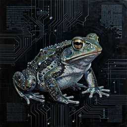 toads, big toad, mechanical, technical, abstract, acrylic, oil, circuit board, lines, vektroid album cover, dots, drips, dimensions, tears, leaks, glitches, frogs, amphibians, geometry, data, datamosh, motherboard, minimal, vinyl, code, cybernetic, painting, dark, eerie, cyber