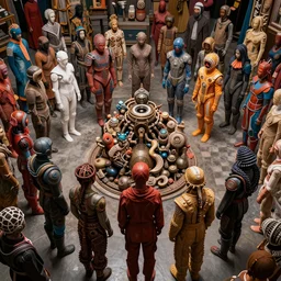 poor, diverse cybersuits, from behind, birthing rituals, wide angle, vivid, elaborate, highly detailed, beautiful lighting