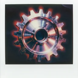 analog vintage photography portrait polaroid of a futuristic chrome cog, red color bleed, heavy film grain, bloom, glow