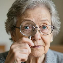 a grandmother with glasses magnifying her kind blue eyes