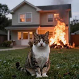 an adorable ominous cat sitting in the yard of a two story home that is blazing on fire in the background behind the cat, real photo, evening