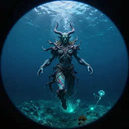 photo of great old one azathoth swimming in the ocean, shutterstock contest winner, ecological art, bioluminescence, fisheye lens, wide lens