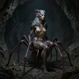 female drider with a human torso combined with spider legs sitting on a spider web in a dark cave, ultra detailed, high fantasy, monster, creature design, dnd, dndbeyond, realistic, concept art, octane render, 8 k, moody lighting, muted colors, blue tone light, dramatic lighting, john singer sargent, matte painting