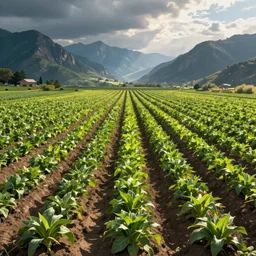 immaculate rows of crops, mountains in the background, digital 2d fantasy art