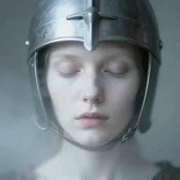 out of focus photorealistic portrait of a beautiful aesthetic pale woman by saul leiter, with a medieval helmet, pale lips, very blurry, translucent white skin, closed eyes, foggy
