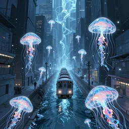 an urban train rides inside of a waterway on a fantasy city. intricate, centered, amazing composition by amano yoshitaka, by rembrandt, illustrious makinami, digital art, digital painting, artstation trending, unreal engine, fractal flame, transparent jellyfish, transparent feathers, bio luminescent, ice, water, leds