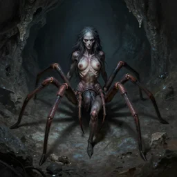 creepy matte painting of a female spider centaur with eight legs in a dark cave, ultra detailed, monster, half human half spider, human torso!!, spider abdomen, creature design, concept art, 8 k, moody lighting, muted colors, blue tone light, dramatic lighting, realistically proportioned torso, realistically proportioned face, racnoss