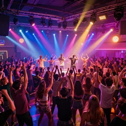 unreal engine hyperreallistic render 8k of a large dance party at a gym bright vibrant lights
