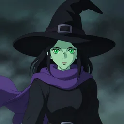 young female witch with pale green skin wearing a black witch hat, jet black hair, bright green eyes and skin, simple black dress, purple scarf wrapped around her neck, detailed perfect face, exquisite details, mid view, design on a dark foggy background, by studio muti, greg rutkowski makoto shinkai takashi takeuchi studio ghibli