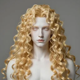 Lucius the pale blond androgynous god of the sun, highly detailed, very very very long curly golden blond hair, baroque curls, curtain bangs, central parted fringe, extremely luscious curly blond hair, very very very pale white skin, digital painting, artstation, concept art, soft light, sharp focus, illustration