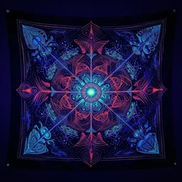 a blacklight reactive cisionary psychedelic fineart tapestry design by android jones and salviadroid