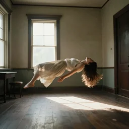 a woman floating suspended above the floor in the room of an old house, 3 5 mm, sunlight
