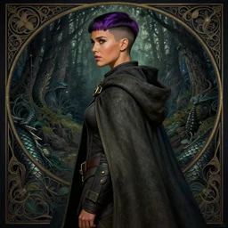 side portrait jessica alba, adventurer outfit large cloak, fantasy forest landscape, dragon scales, fantasy magic, undercut hairstyle, short purple black fade hair, dark light night, intricate, elegant, sharp focus, illustration, highly detailed, digital painting, concept art, matte, art by wlop and artgerm and greg rutkowski and alphonse mucha, masterpiece