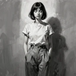 portrait of a girl in long pants and a top, hands in pockets, eyes closed, bob haircut, digital art, black and white, illustration by giger