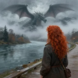 a realistic digital painting of a woman with curly long redhair standing in a boardwalk besides a river looking at a dragon in the mountains that is covered by a fog in a thunderous weather