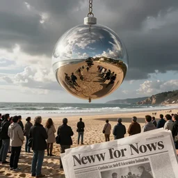 a large chrome sphere hovering over a beach with a crowd of curious onlookers, newspaper clipping