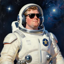 chubby rich evans from rlm as space cop, sunglasses, star on chest, cosmic painting by jc leyendecker!! phil hale!, angular, brush strokes, painterly, vintage, crisp, space!!