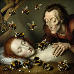 bumblebees attacking sleeping people in hell, art by bosch, dali, giger, highly detailed, masterpiece